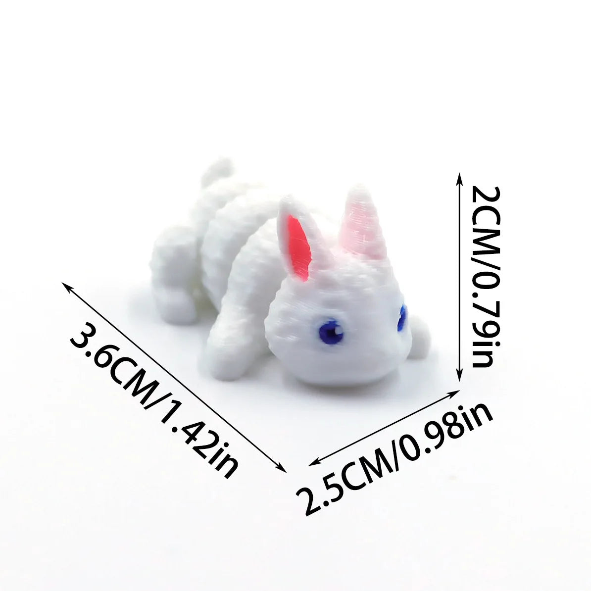 A white and pink 3D printed cartoon rabbit figurine shown with dimension lines.