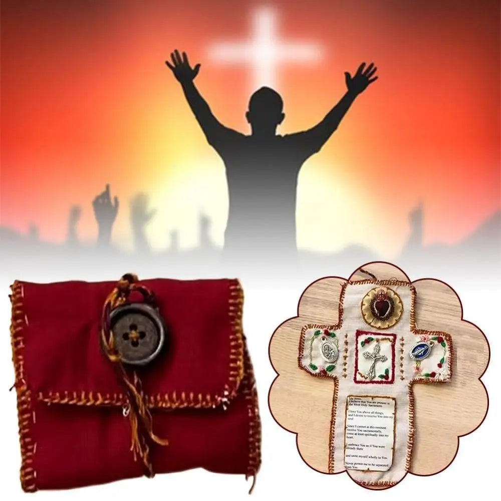 Handmade prayer quilt featuring a silver cross pocket shrine on a red fabric.
