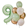 A cluster of olive green and white foil balloons shaped like the number nine for parties and celebrations.