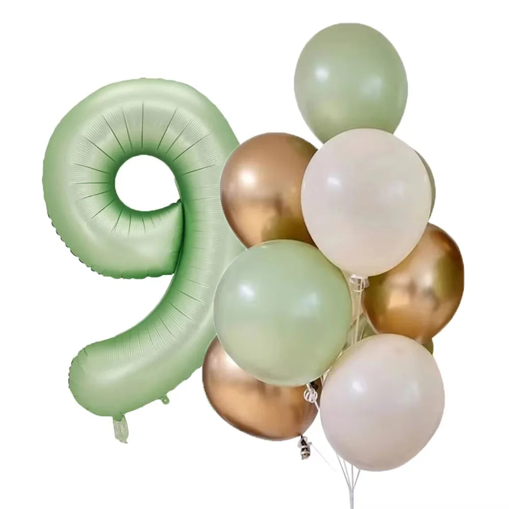 A cluster of olive green and white foil balloons shaped like the number nine for parties and celebrations.