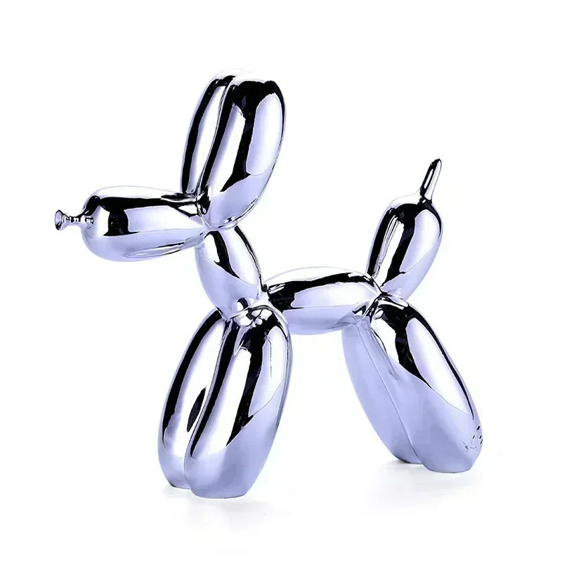 A shiny silver resin balloon dog sculpture with a whimsical design for home decor.