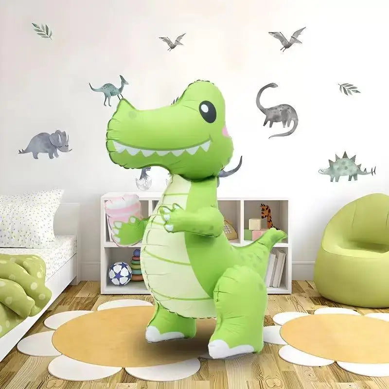 A large, bright green dinosaur plush toy standing on a wooden floor with white and orange circular mats.