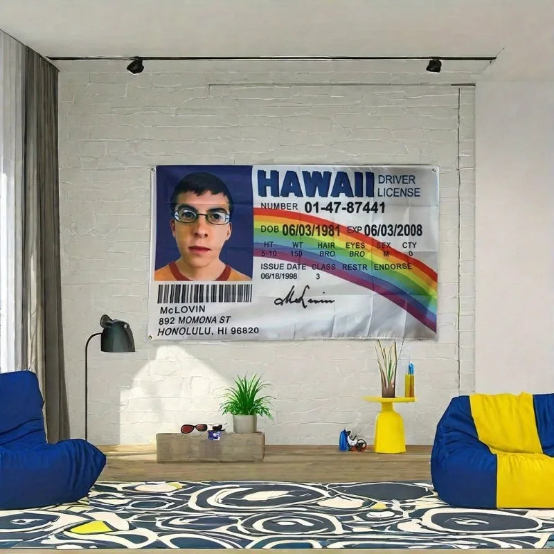 Banner mit einem hawaiianischen Führerschein namens McLovin und Details