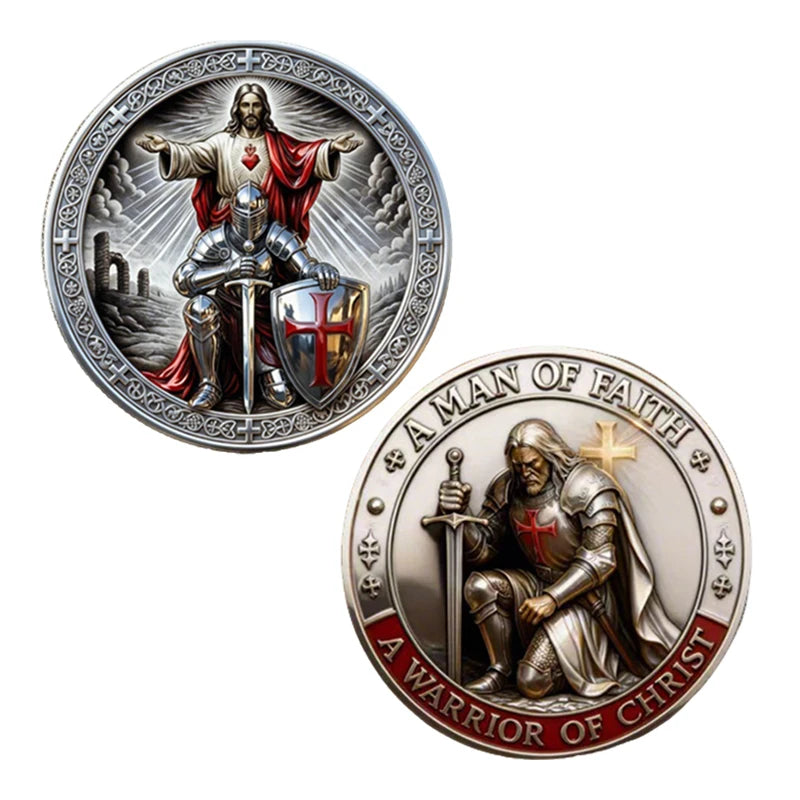 A challenge coin featuring a depiction of Christ and a warrior, symbolizing faith and valor.