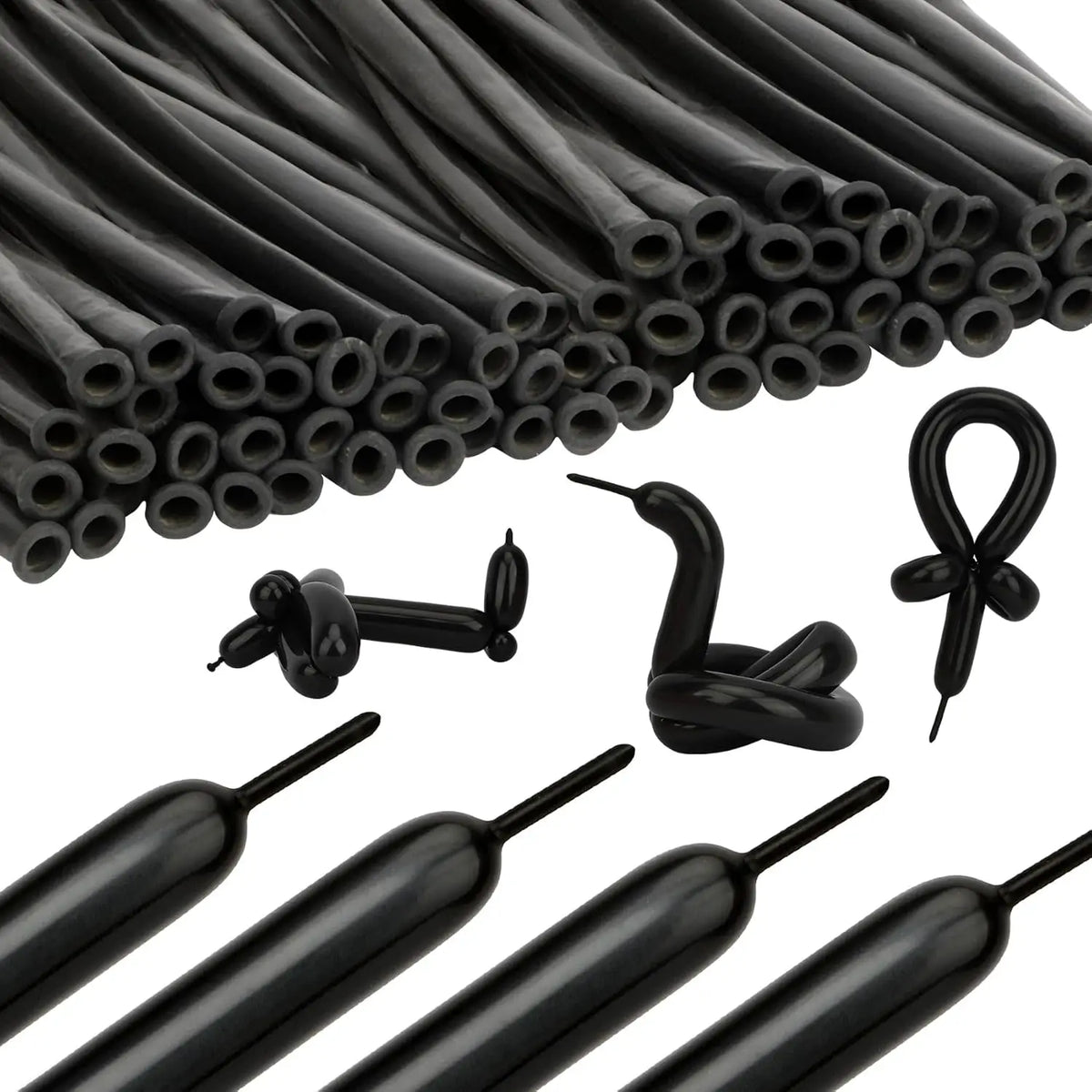 A close-up view of a large bundle of matte black latex balloons and various smaller balloon tools.