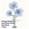 A floral arrangement featuring three light blue silk flower heads, stems, and a base.