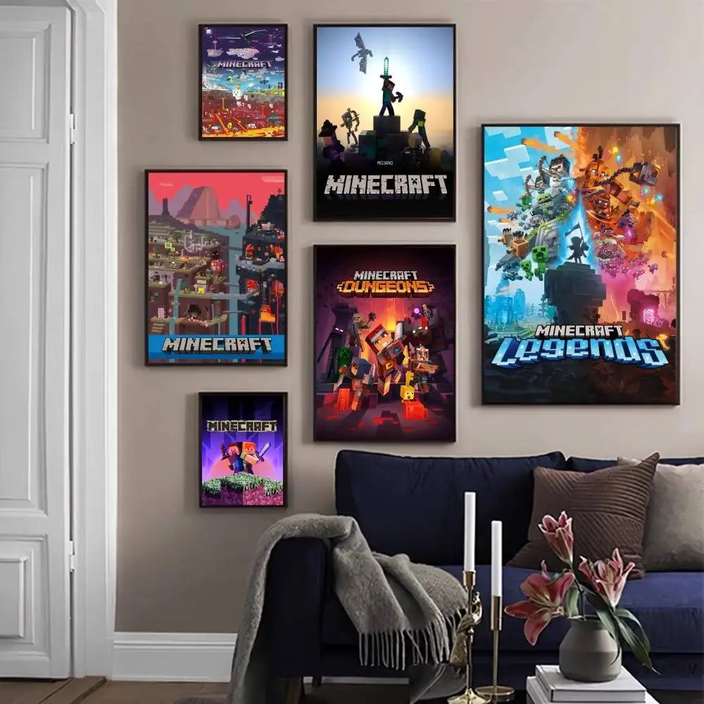 A collection of nine framed digital art prints featuring Minecraft themes and landscapes.