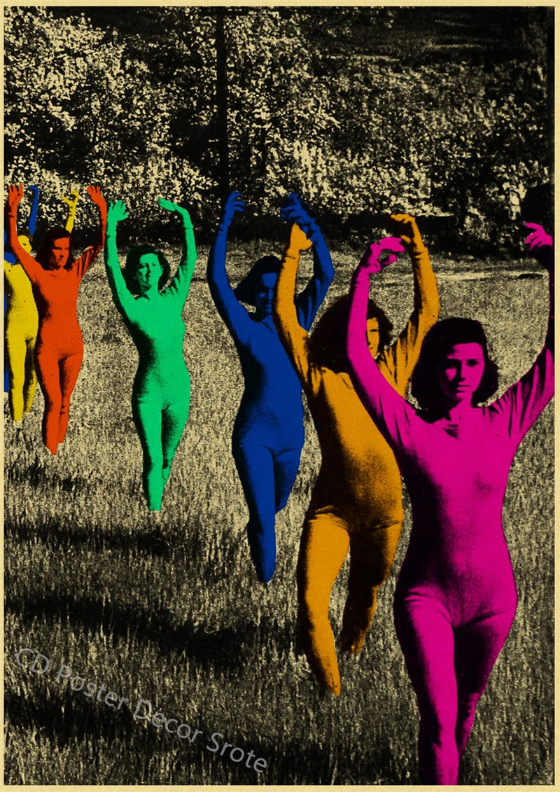 A vintage poster print featuring multiple women in brightly colored bodysuits against a dark, grassy background.