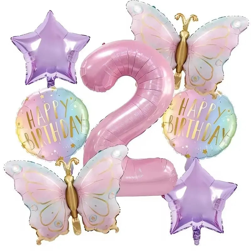 A set of pink butterfly and number balloons for a birthday party decoration