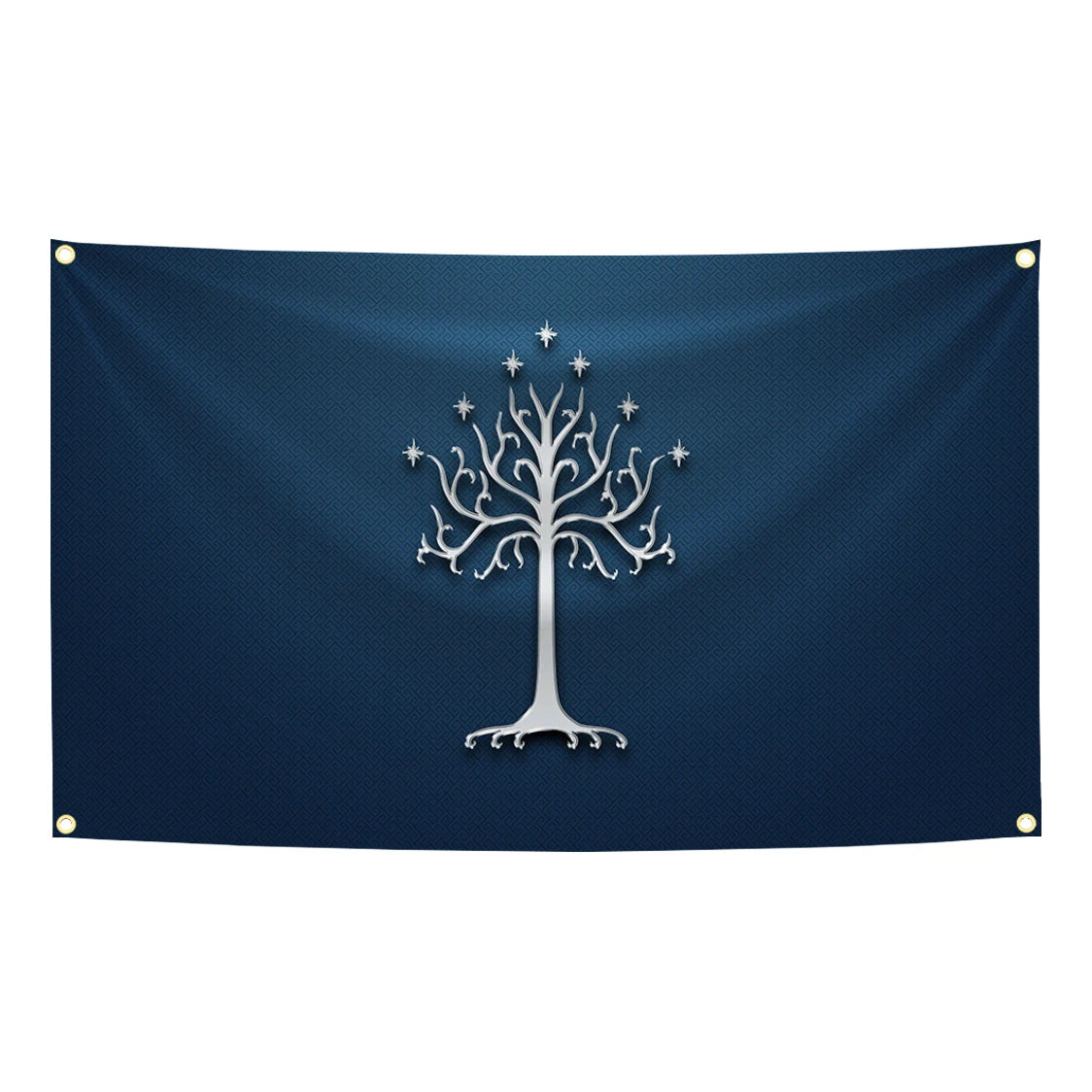 A dark blue banner featuring a silver stylized tree with stars on a textured fabric background.