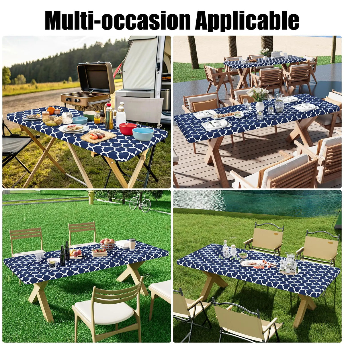 Blue patterned waterproof fitted tablecloths are shown on various folding tables in outdoor settings.