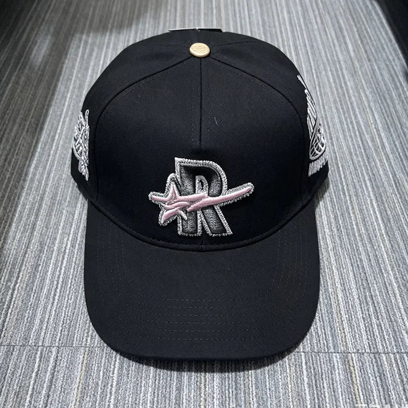 Black embroidered star hip-hop baseball cap with silver detailing