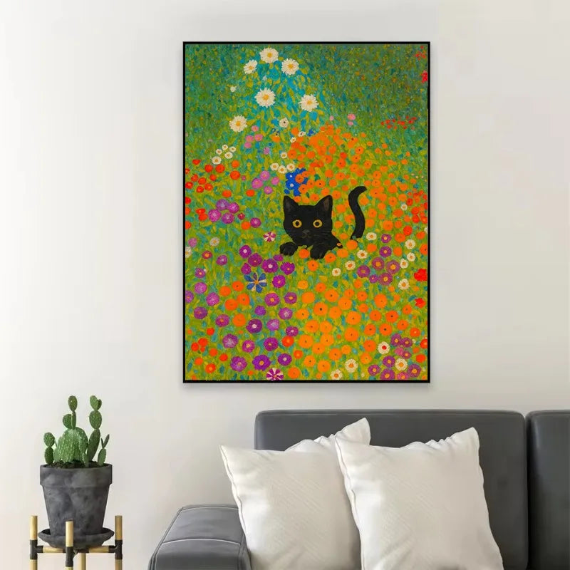 Canvas wall art featuring a black cat amidst a vibrant, colorful floral background.