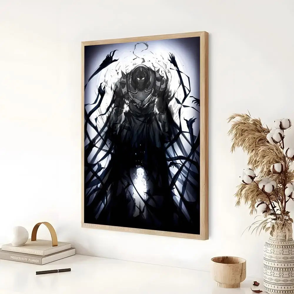 A framed anime poster featuring a dark, intense face surrounded by shadowy, skeletal hands and branches.