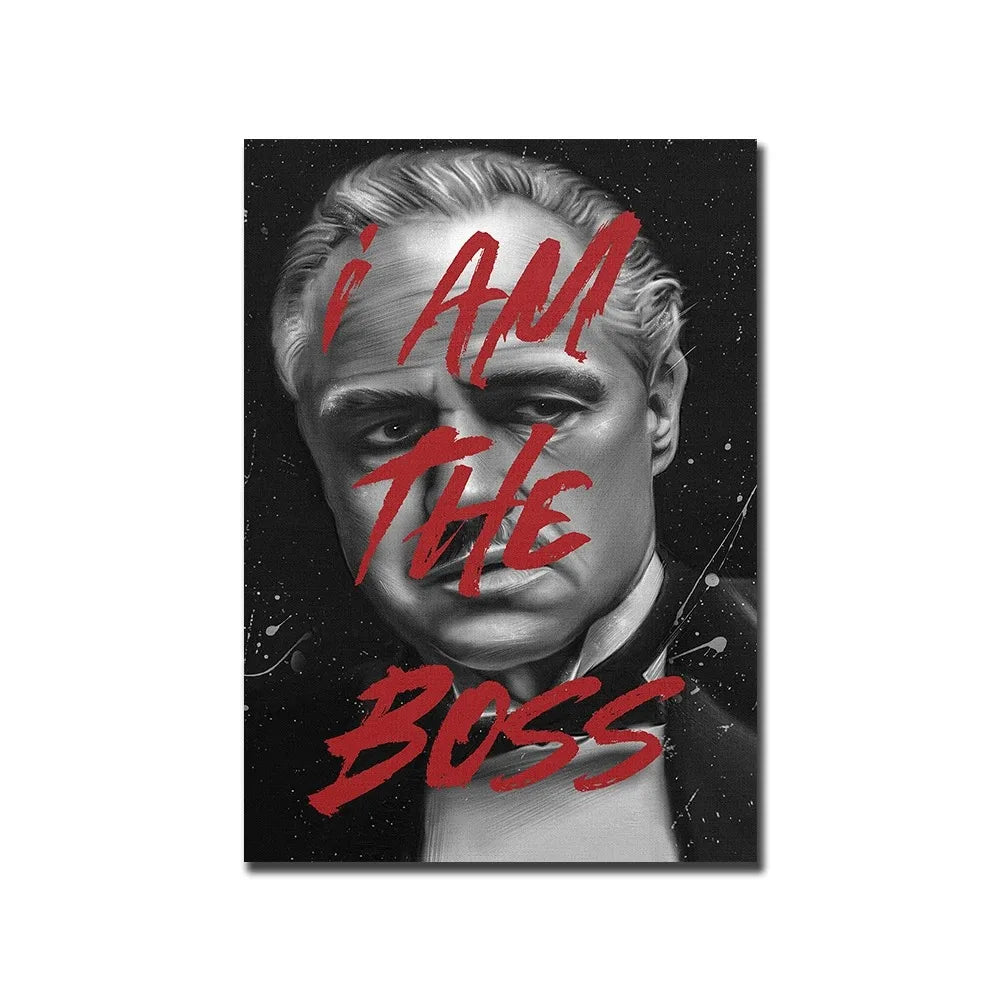 A portrait of a man with red text overlay that reads I AM THE BOSS on a dark background.