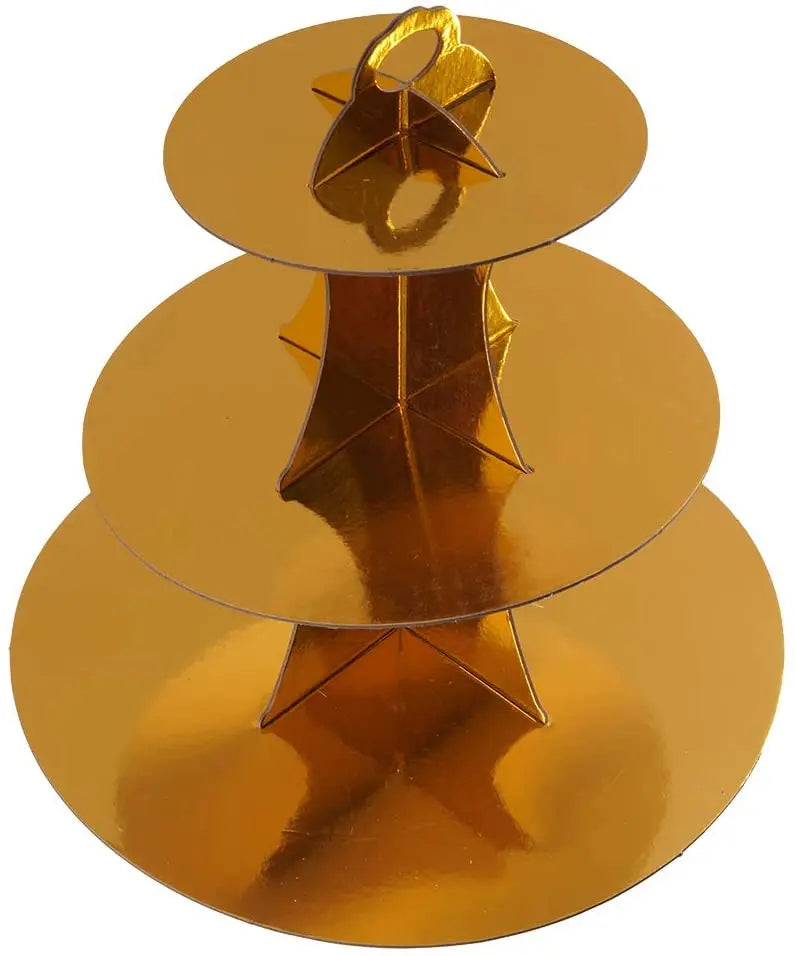 A three-tier gold cupcake stand for dessert tables and party displays.