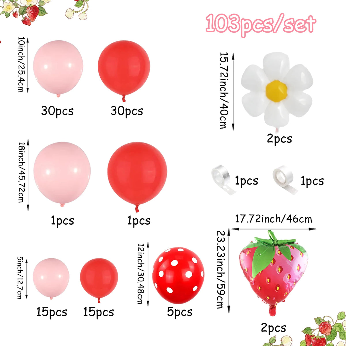 A set of balloons, including pink and red colors, various sizes, and strawberry-shaped foil accents.