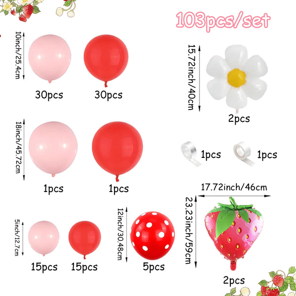 A set of balloons, including pink and red colors, various sizes, and strawberry-shaped foil accents.