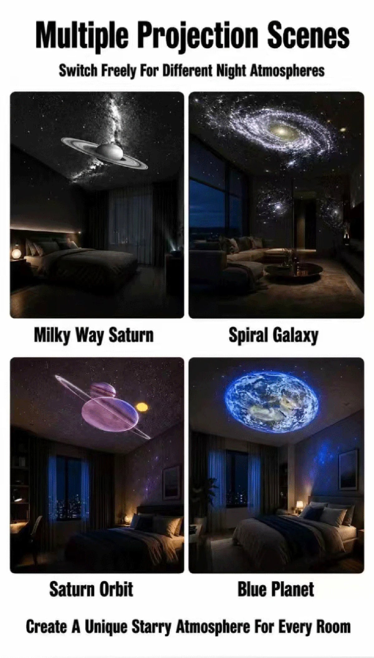 Multiple projection scenes including Milky Way Saturn, Spiral Galaxy, Saturn Orbit, and Blue Planet for creating unique starr