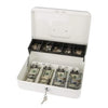 A white metal cash storage box with a lock, featuring multiple compartments for storing currency.