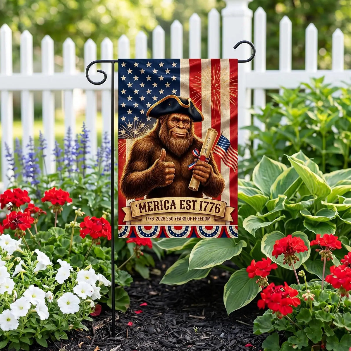 A flag featuring a Native American-style figure with a beard and a thumbs-up, set against an American flag background.