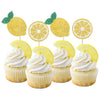 A set of summer fruit cake toppers featuring lemon-shaped gold glitter discs on wooden sticks.
