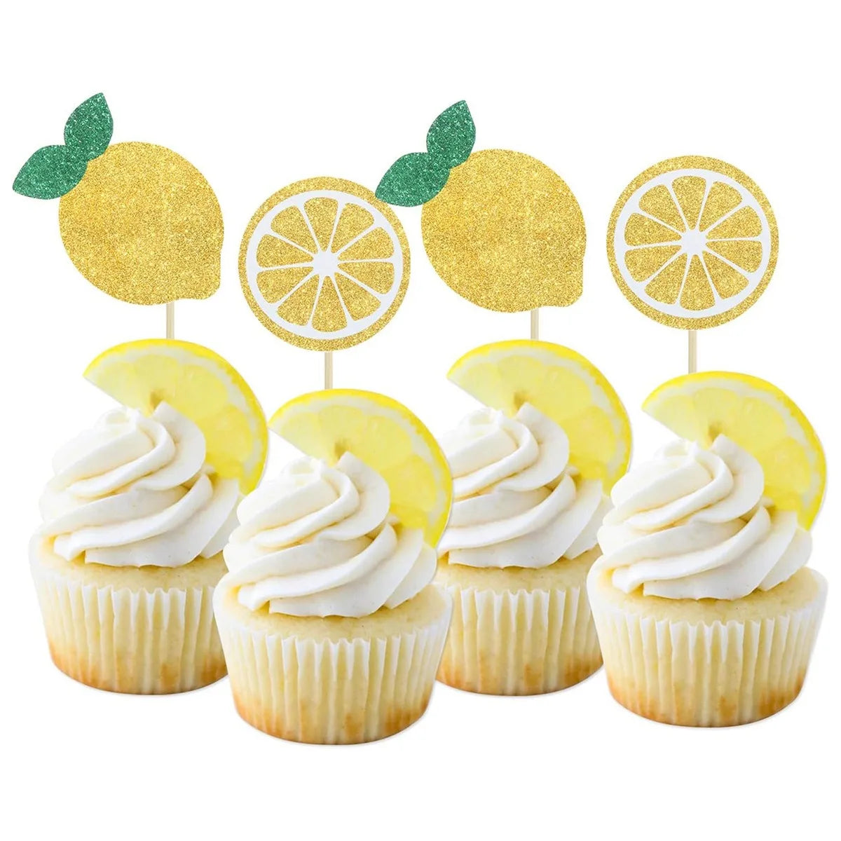 A set of summer fruit cake toppers featuring lemon-shaped gold glitter discs on wooden sticks.