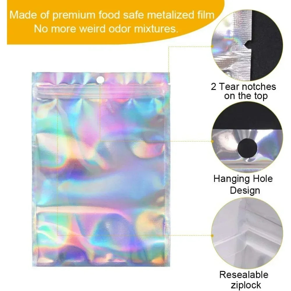 Holographic rainbow resealable bags for food storage featuring tear notches, a hanging hole design, and a resealable ziplock.