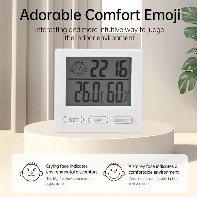 A white LED digital thermometer displays 22.16°C and 60% humidity, used to judge indoor environment comfort.