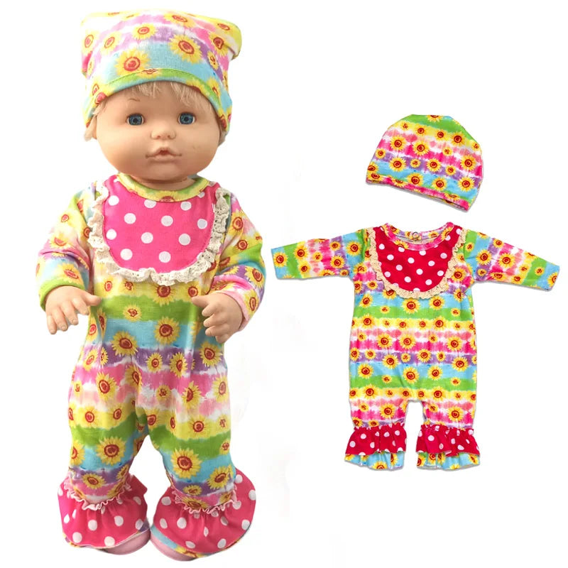 A doll outfit set featuring a colorful floral print jumpsuit and matching hat.