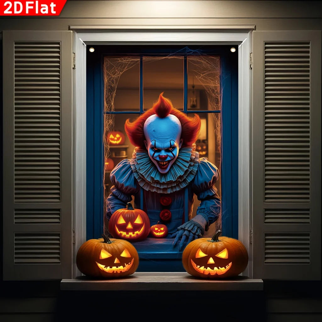 A terrifying clown figure with red hair and white face is displayed in a window frame decorated with pumpkins and a spider we