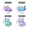 A set of six enamel pins featuring cartoon cats in various colors and poses.