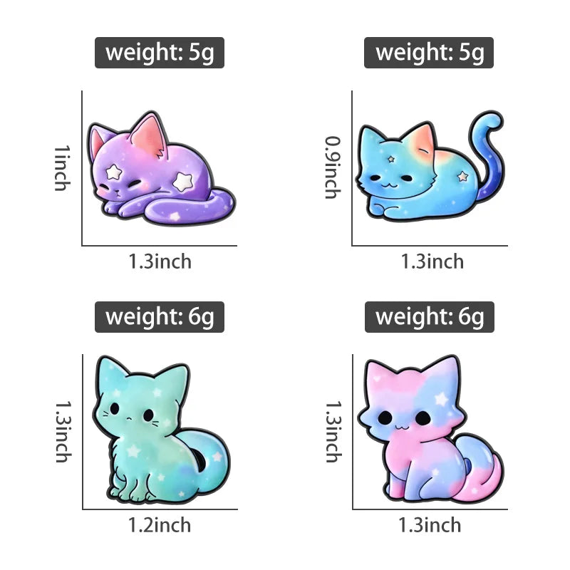 A set of six enamel pins featuring cartoon cats in various colors and poses.