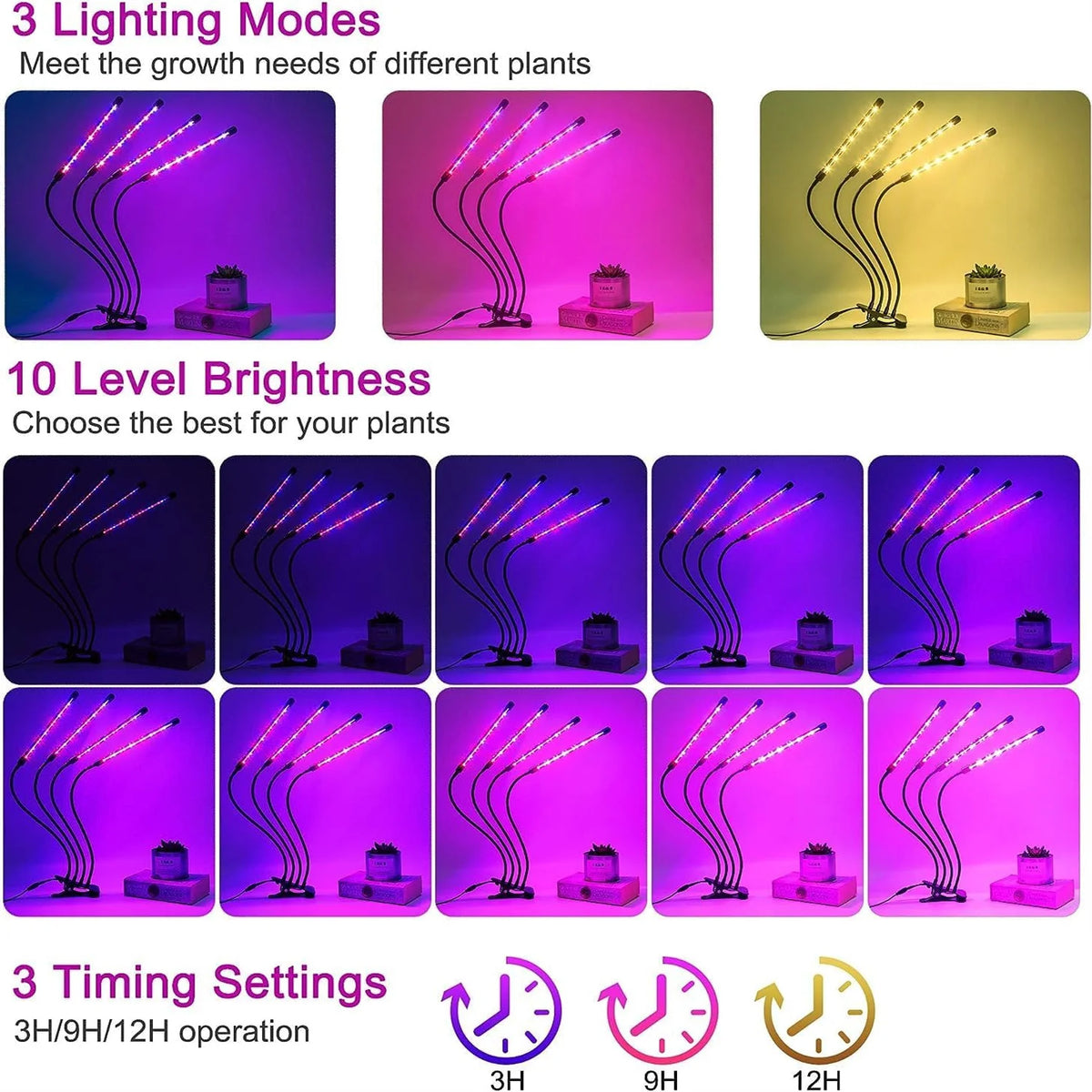 Diagram showing 3 lighting modes and 10 brightness levels for indoor plants with 3 timing settings.