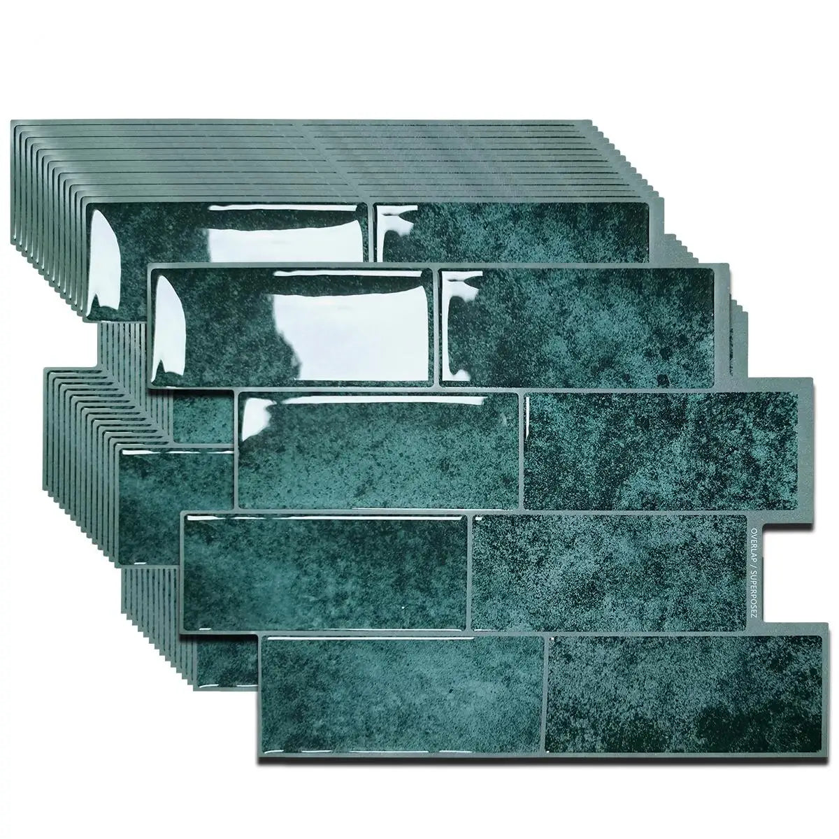 A collection of rectangular, textured teal green peel and stick vinyl wall tiles arranged in a staggered, overlapping pattern