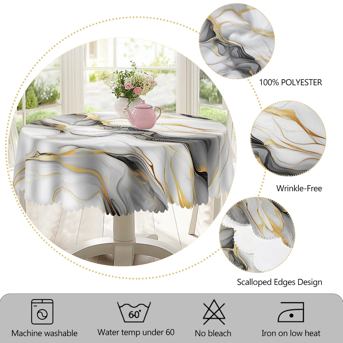 Marble-printed tablecloth featuring gold ink textures and wrinkle-free design