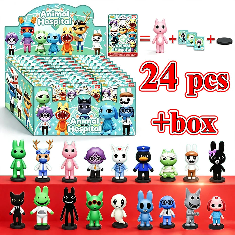 Blind box figure set of 24 animals from the Animal Hospital theme in a cardboard box