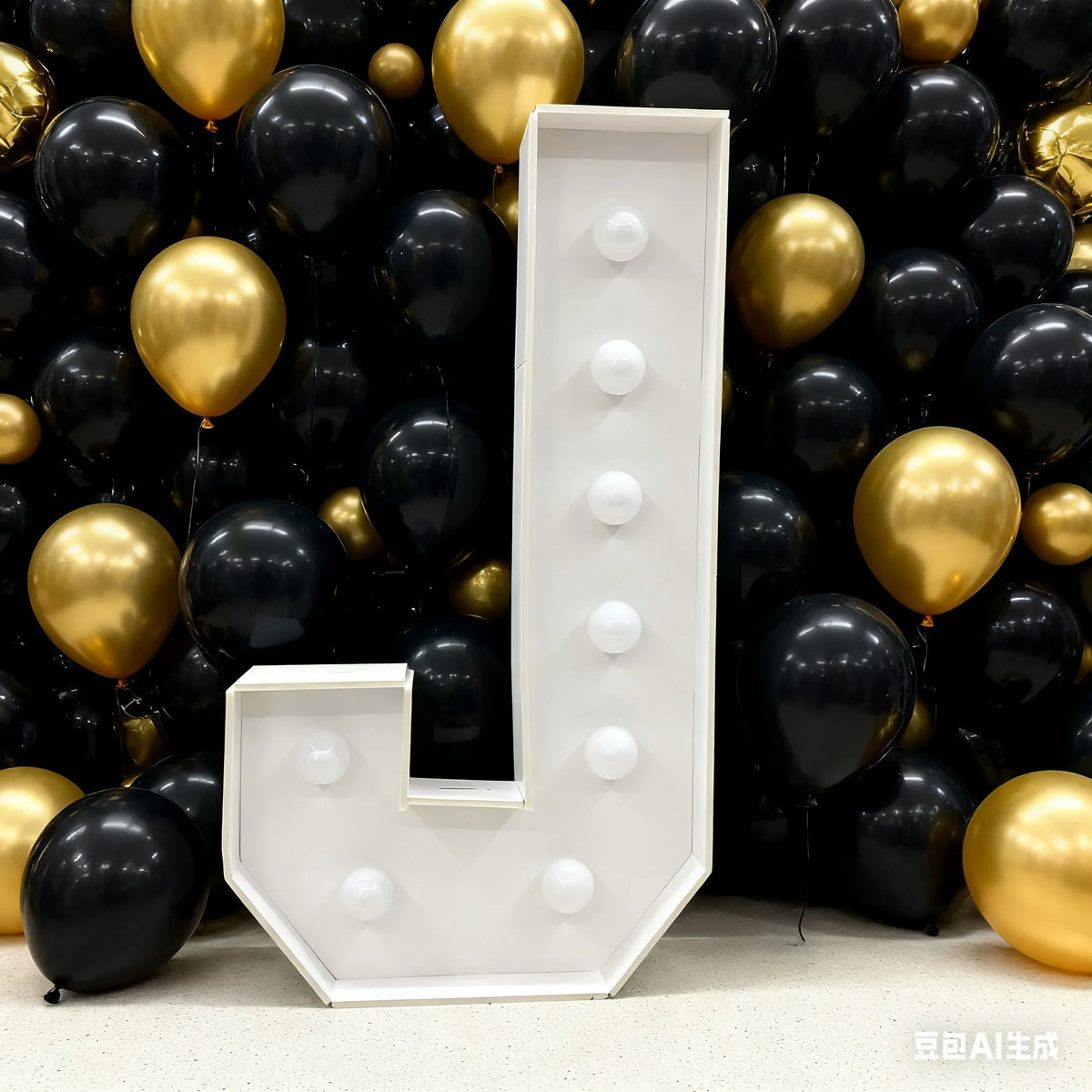 A large white marquee letter L made of balloons is displayed against a dark background.