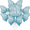 A pack of six light blue balloons tied in bow shapes for party decorations
