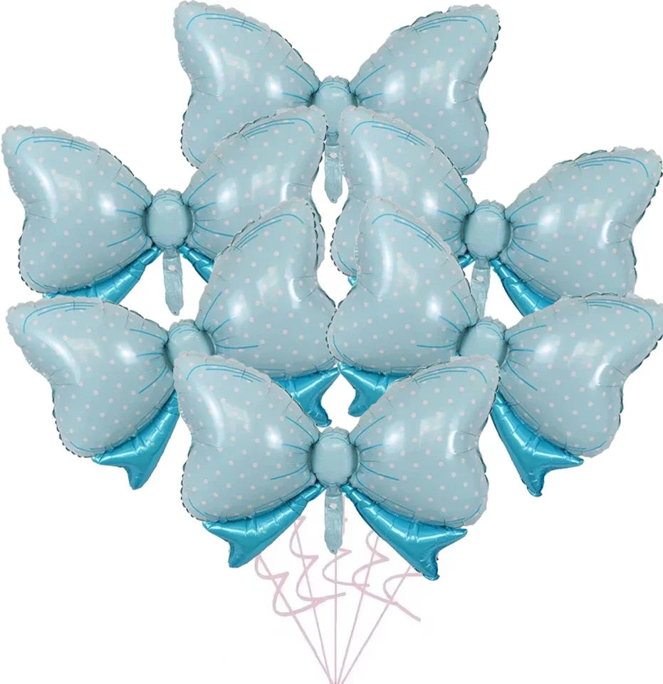 A pack of six light blue balloons tied in bow shapes for party decorations