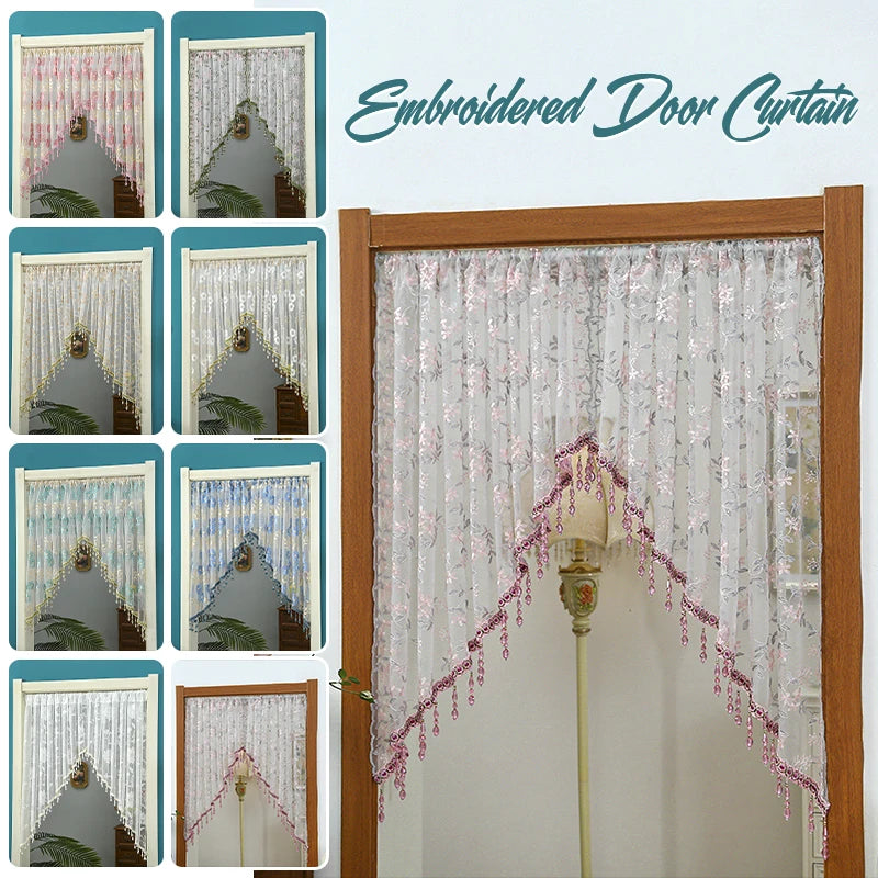 A collection of embroidered sheer lace door curtains featuring floral patterns and delicate tassels.