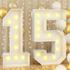 A large white LED light-up number 1 and 5 made of acrylic or plastic, displayed with gold balloons in a party setting.