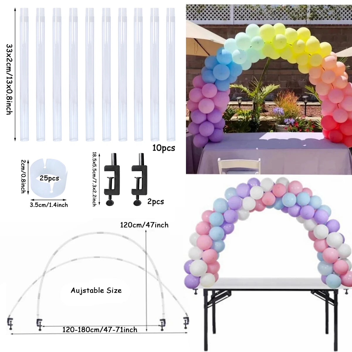 Un ensemble de colonnes de ballons en acrylique transparent et d'un arc de ballons gonflables colorés pour la décoration.