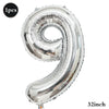 Silver foil number balloon shaped like the number 9, measuring 32 inches.
