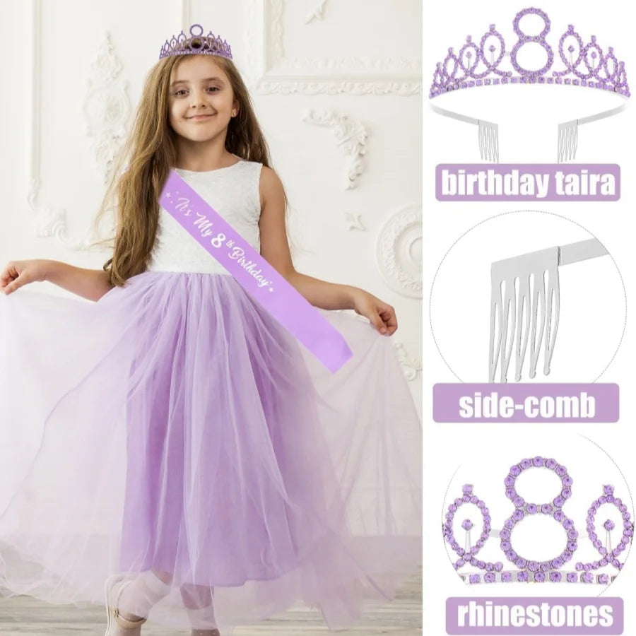 A girl wearing a purple tulle dress and tiara, with separate accessories shown nearby.