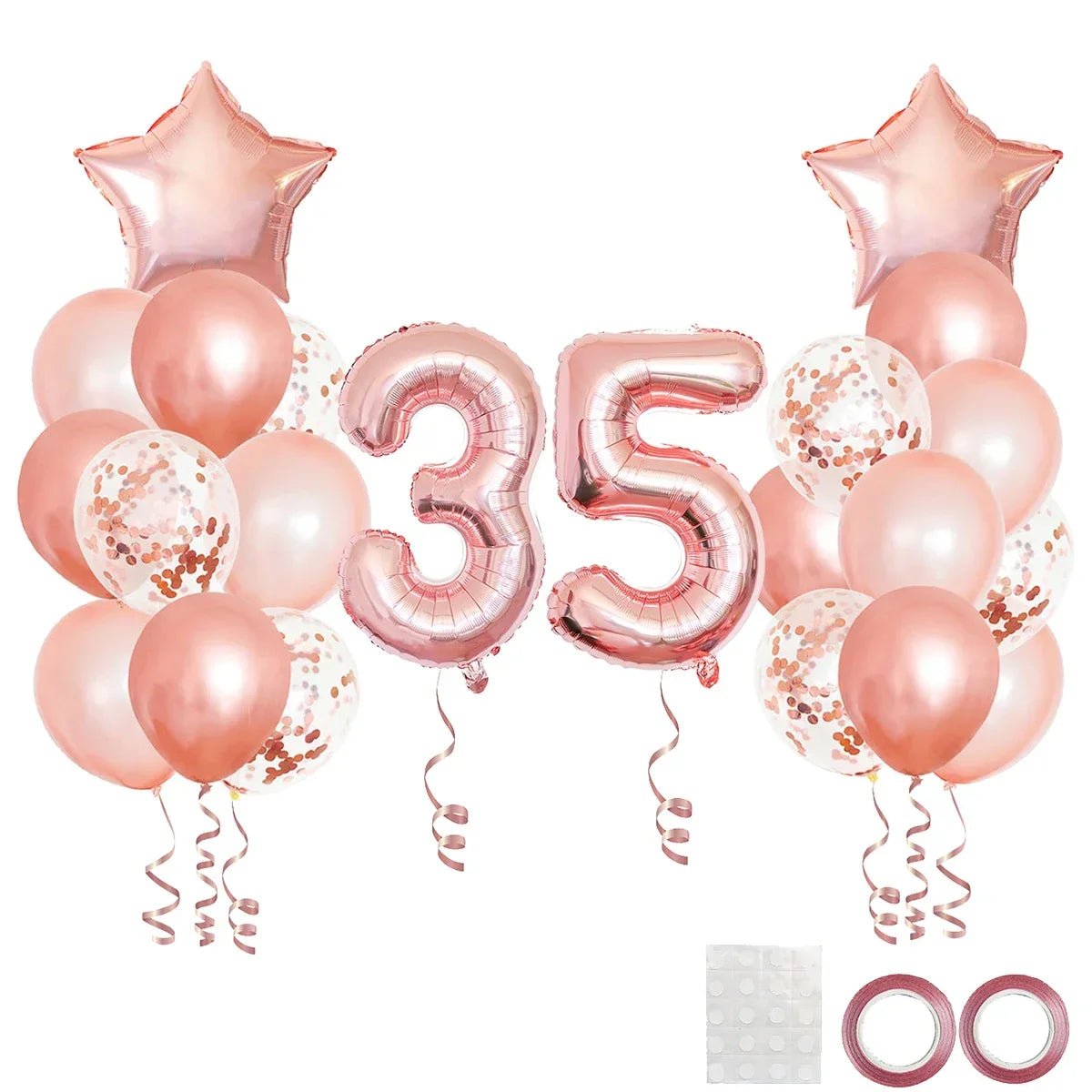 A collection of rose gold foil balloons, including a number 35 balloon and various pink and gold balloons for birthday decor.