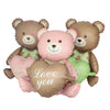Three soft brown teddy bears with pink and green accents, holding heart-shaped foil balloons that read Love you