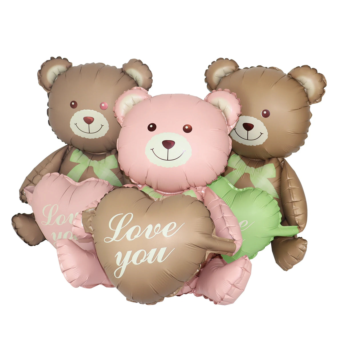 Three soft brown teddy bears with pink and green accents, holding heart-shaped foil balloons that read Love you