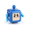 A blue fidget cube toy with a square face and round top, featuring light skin tone details.