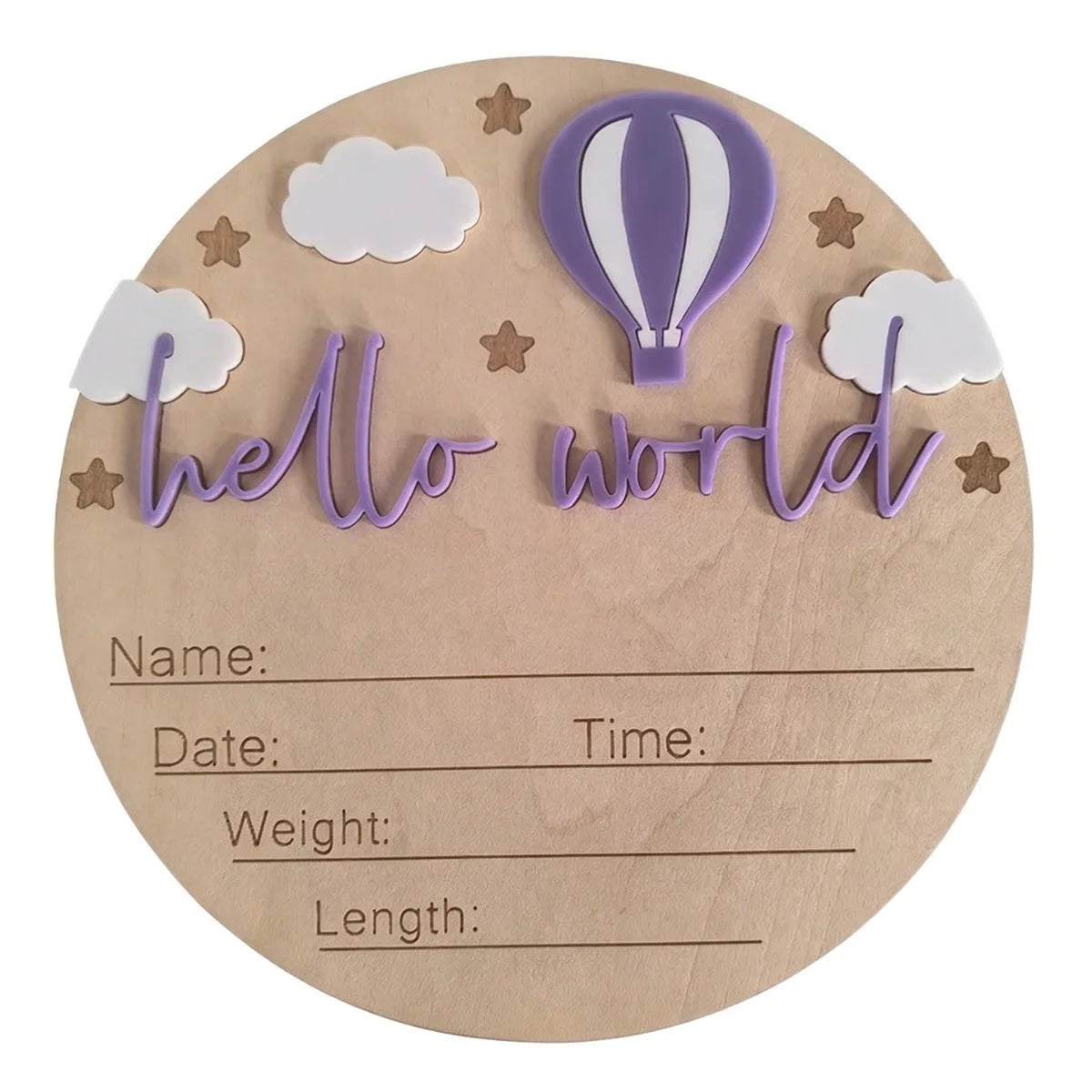 A natural wood birth announcement plaque featuring purple clouds, stars, and a purple hot air balloon design.